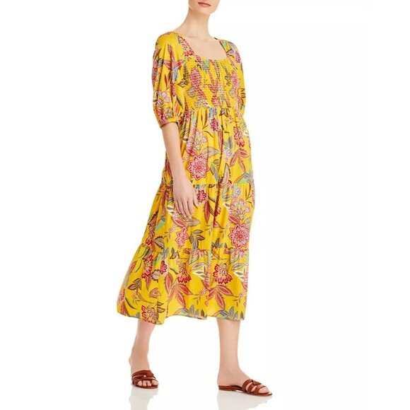 Johnny Was Jade Mladen Floral Midi Dress Womens Size M Smocked Puff Sleeve Boho